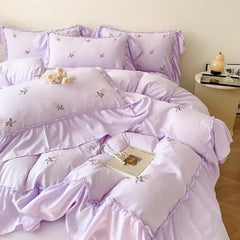 Cyflymder 4pcs Rose Embroidered Duvet Cover Set (1*Duvet Cover 1*sheet 2*Pillowcase ), Princess Style Lace Bedding Set ﻿