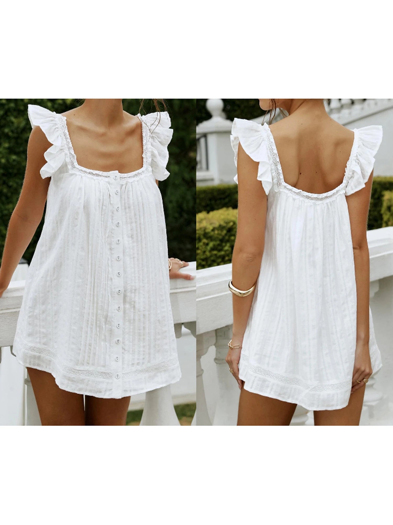 Cyflymder  Elegant Floral Print Sleeveless V-Neck Mini Dress with Ruffle Detail and Button Front - Summer Pleated A-Line Dress