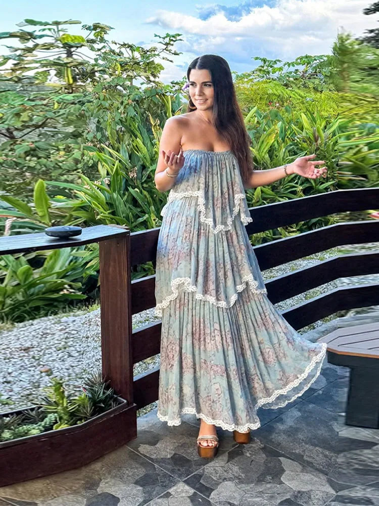Cyflymder  Bohemian Ruffles  Floral Print Ruffles Evening Dress Casual Vacation Style Long Dress Fashion Irregular Patchwork Suspender Robe