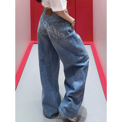 Cyflymder  Blue Vintage Letter Rhinestone Women Jeans Washed High Waist Wide Leg American Style Baggy Denim Pants Y2k Streetwear
