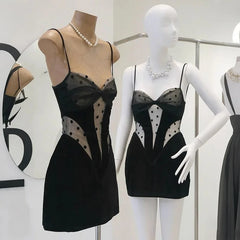 Cyflymder   See Through Mesh Patchwork Polka Dots Camisole Mini Dress Women Sexy Spaghetti Straps Backless Bodycon Party Clubwear Streetwear