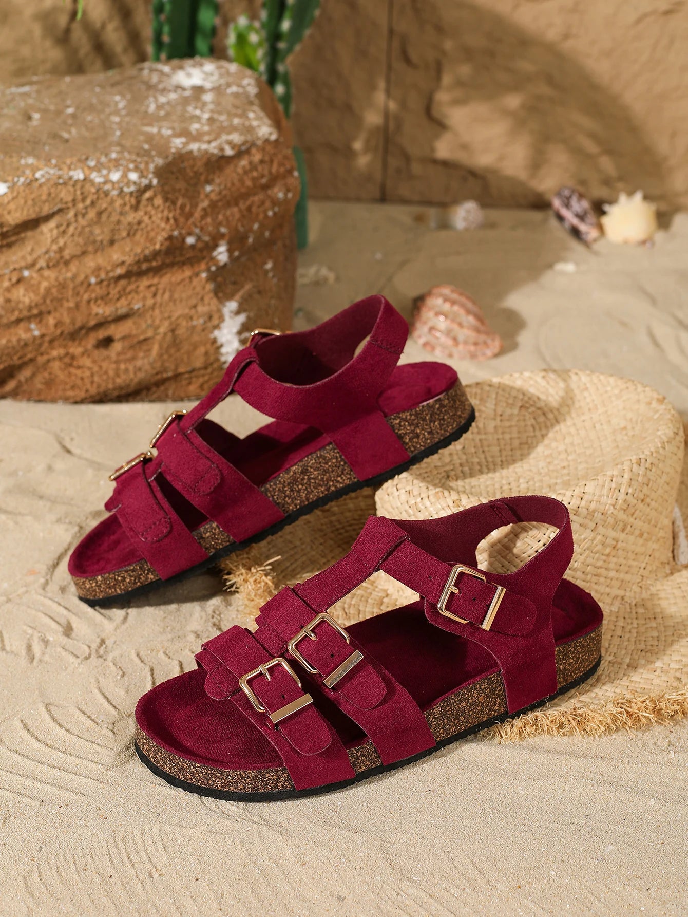 Cyflymder  Suede Leather Flat Sandals with   2-Strap Adjustable Buckle Non Slip Shoes