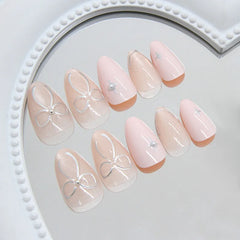 Cyflymder   24Pcs Cat's Eye Design Fake Nail with Pearl Short Round Head Press on False Nails Silver French Bow Pattern Full Cover Nail Tips