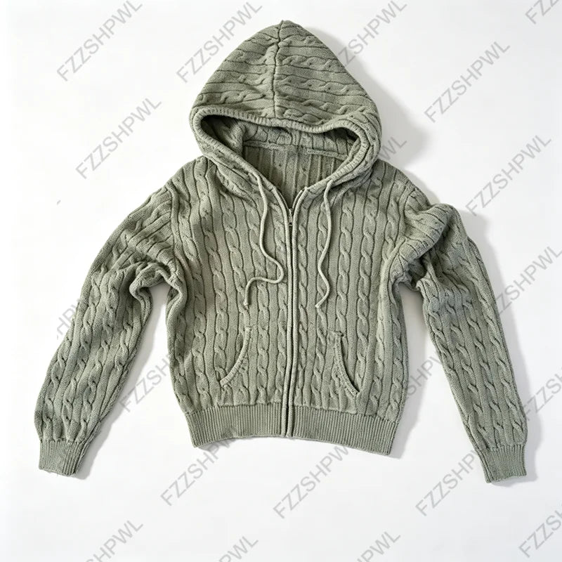 Cyflymder  Women Cable Knit Zip‑Up Hooded Cardigan Cropped Long Sleeve Sage Green Pocket Fall Ladies Knit Jacket