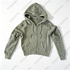 Cyflymder  Women Cable Knit Zip‑Up Hooded Cardigan Cropped Long Sleeve Sage Green Pocket Fall Ladies Knit Jacket