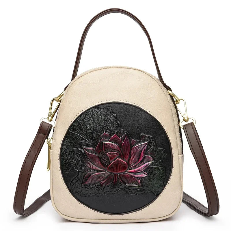 Cyflymder  Luxury 3-Layer Pockets PU Leather Women's Leisure Shoulder Bag and Purses Fashionable Lotus Pattern Crossbody Bag Ladies Sac