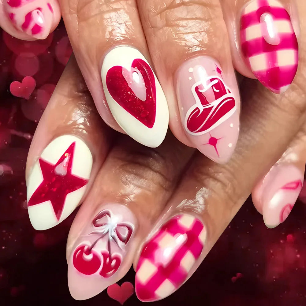 Cyflymder  24Pcs Short Almond Fake Nails Red Love Heart Cherry Star Press on False Nails Shiny Powder Grid Detachable Full Cover Nails Tips