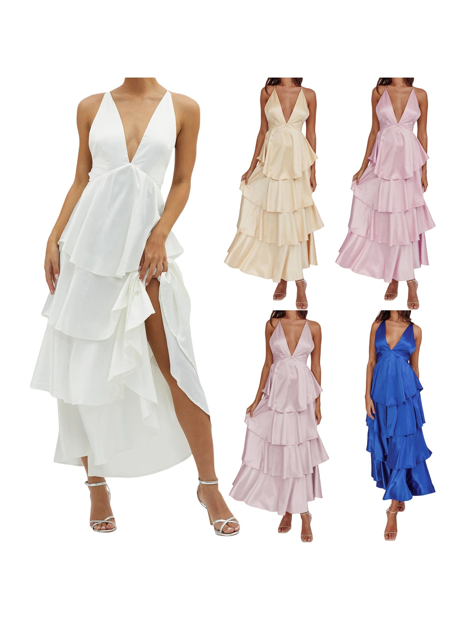 Cyflymder  Elegant Lace Sleeveless V-neck Backless Maxi Dress with Ruffled Hemline for Wedding Guest or Formal Event