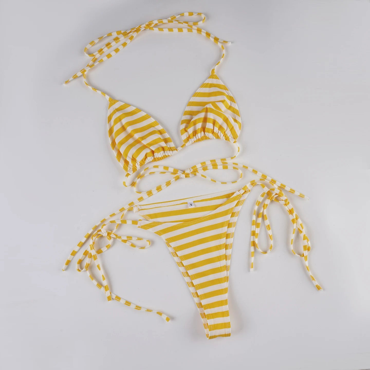 Cyflymder  Beach Style Striped Bikini Sets Holiday Sexy Bandage 3 Piece Sets Backless Brief Halter Tops Low-Waisted Pantys Shorts
