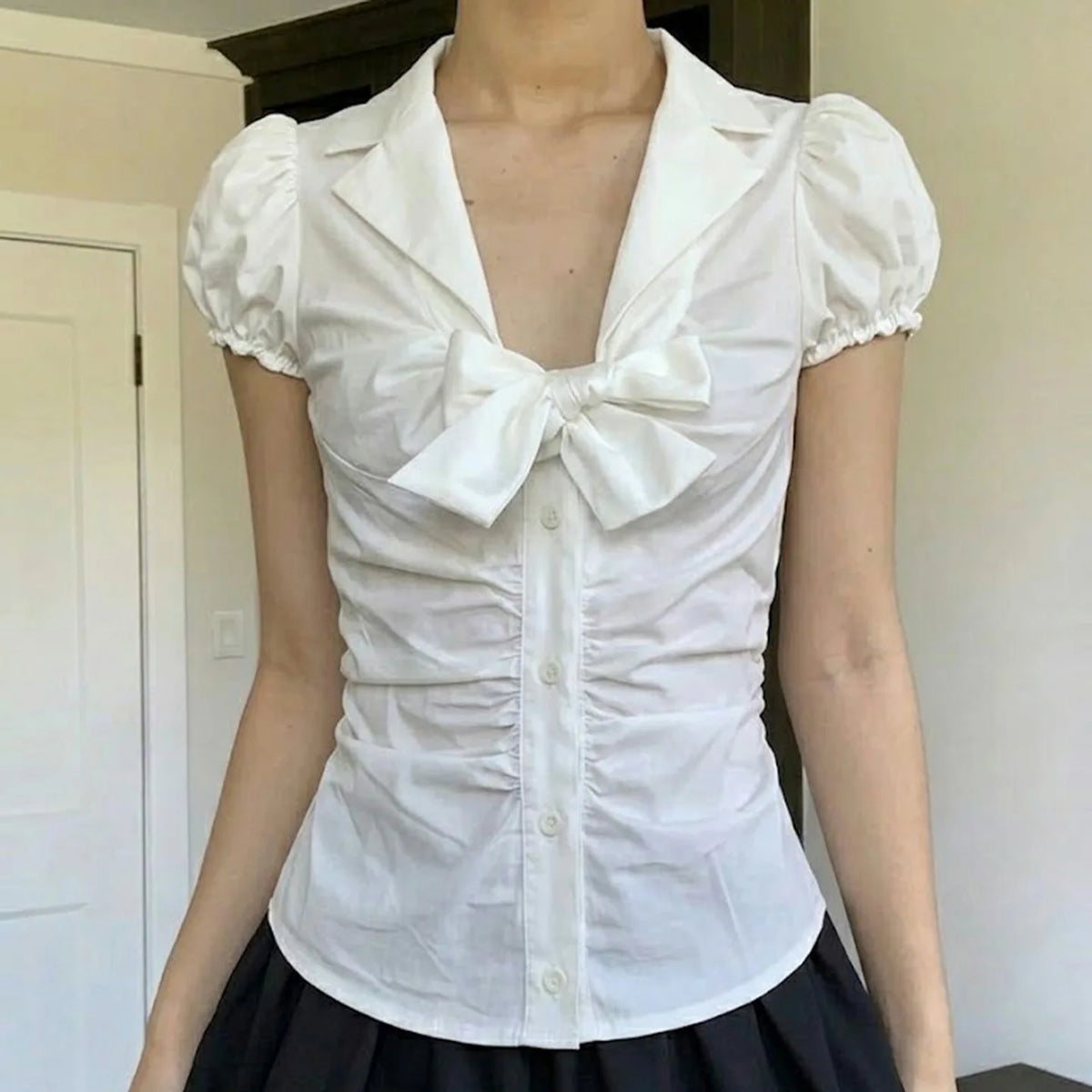 Cyflymder  Temperament Preppy Style Bow V Neck Puff Short Sleeve Women's Blouse Y2k Aesthetic Harajuku Pleated Casual Shirts Spice Clothes
