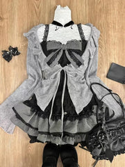 Cyflymder Sweet Lolita Lace Up Ruffles Cardigan+ Sexy Slim Fit Strapless Vest Tops+ High Waist Ruched Skirts Early Autumn Three Piece Sets