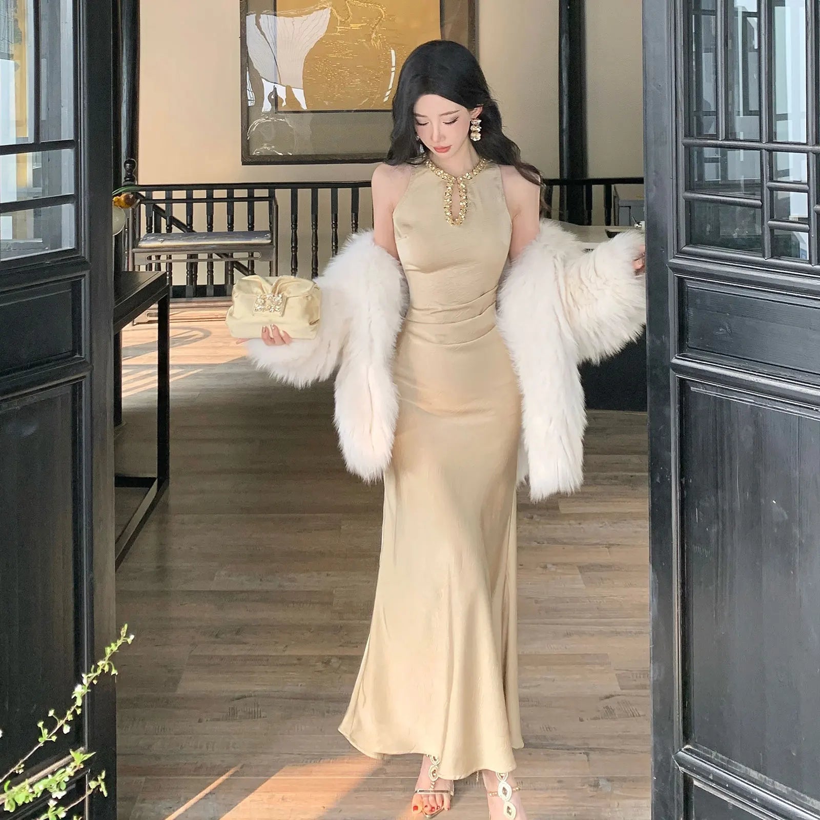Cyflymder  Elegant Gold Sleeveless Long Dress V-Neckline Events Evening Parties Luxurious woman dresses  Hot Sexy Flowy Clothing