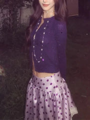 Cyflymder  Japanese Sweet Retro Y2k 2 Piece Set Women Slim Purple Cardigan + Polka-dot Print Skirt New Pure Desire Lovely Party Suit Spring