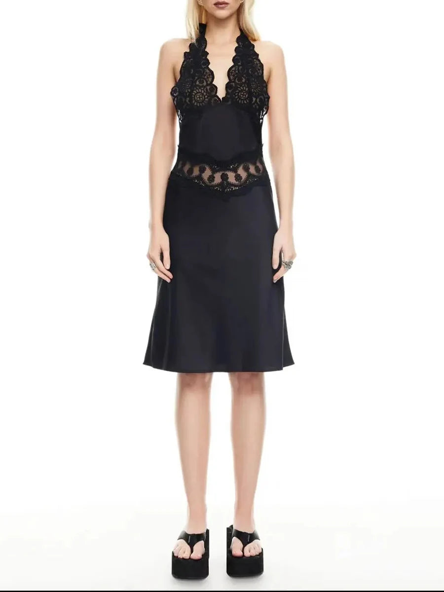 Cyflymder  Sexy Patchwoek Lace Sheer Dress for Women Halter Sleeveless High Waist Backless Bodycon Fashionable Dresses Female