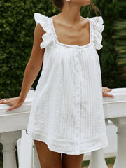 Cyflymder  Elegant Floral Print Sleeveless V-Neck Mini Dress with Ruffle Detail and Button Front - Summer Pleated A-Line Dress