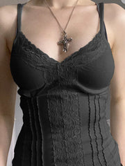 Cyflymder  Sexy Patchwork Lace Trim Camis Top Sweet Casual Slim Solid V-Neck Sleeveless Tank Tops Women Summer Streetwear Lady