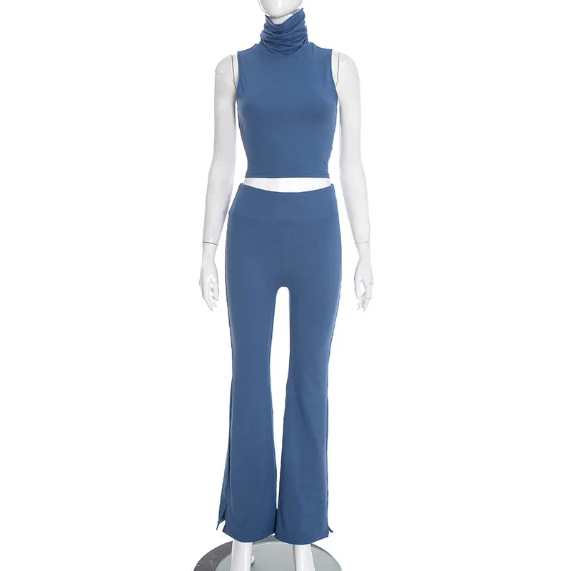 Cyflymder  Solid Color Turtleneck Sleeveless Crop Top and High Waist Slim Long Pants 2 Piece Set for Women Casual Sporty Daily Outfit