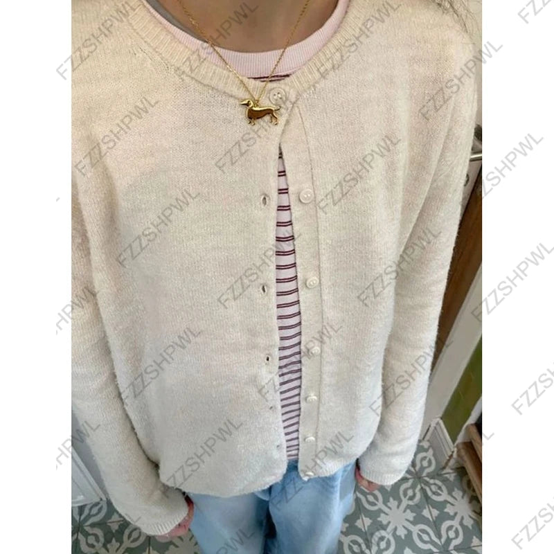Cyflymder  Women O‑Beige Crew Neck Knit Cardigan Long Sleeve Button Down Cropped Sweater Coat Casual Soft Knitted Daily Outerwear