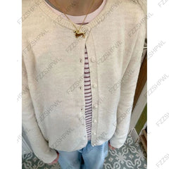 Cyflymder  Women O‑Beige Crew Neck Knit Cardigan Long Sleeve Button Down Cropped Sweater Coat Casual Soft Knitted Daily Outerwear