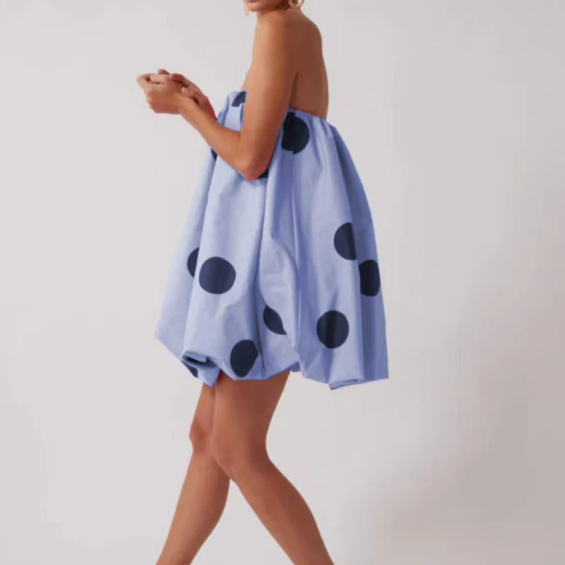 Cyflymder  Women Elegant Hight Waist Loose A-Line Dress Sexy Off Shoulder Strapless Short Dress Retro Polka Dot Print Sleeveless Mini Dress