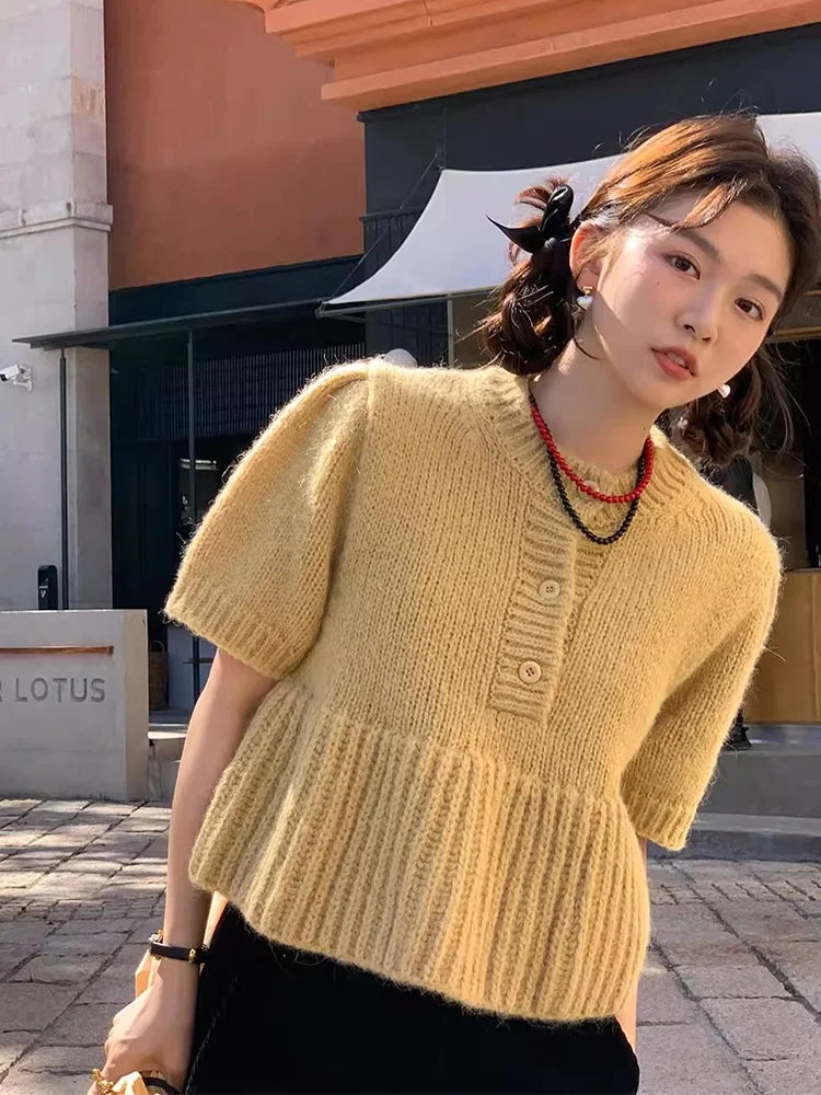 Cyflymder  Chic Autumn New Sle Retro Splicing Lace Trim Soft Bubble Sve Knitted Sweater Women's Faionable Commute Loose Fit
