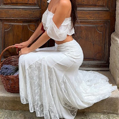 Cyflymder  Lace Ruffle Two Piece Set Women Flutter Strap Layered Crop Top Midi Skirt Suit Lady's Holiday Beach Dating Matching Outfit