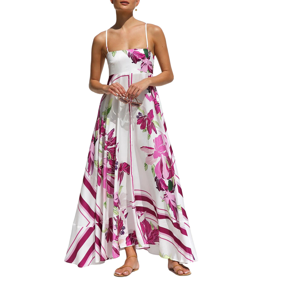 Cyflymder  Spaghetti Straps Flowy A-Line Long Dress Women's Summer Printed Backless Sleeveless Slip Swing Dress for Party Vacation Street