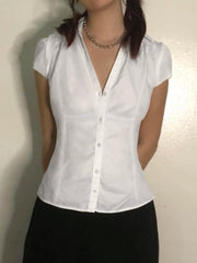 Cyflymder  Casual Solid Blouse Basic Slim Deep V-Neck Turn-Down Collar Short Sleeve Shirts Women 2025 Summer Fashion Streetwear