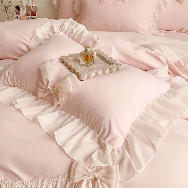 Cyflymder Chiffon Lace Bedding Set Pink France Romantic Princess Wedding Ruffles Bow Soft Duvet Cover Bed Sheet Pillowcases Home Textile