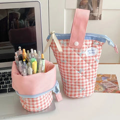 Cyflymder  1 Piece Sweet Chic Pen Holder for Kids Girl Cute Princess Bow Plaid Pencil Pouch School Portable Large Capacity Stationery Bag