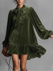 Cyflymder  2026 Spring Autumn Long Sleeve Elegant Velvet Bow Mini Dress Women's Clothing Casual Party Work Evening Office Lady Dresses