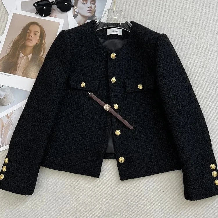 Cyflymder  Black Small fragrant style Short Jacket Women's Top 2025 Autumn Winter New Round neck Thicken coarse Tweed Coat Female Outwear