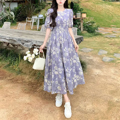 Cyflymder  Broken Flowers French Style Dresses Summer Vintage A-Line Waist Women's Clothing O-Neck Printed Stylish Short Sleeve Long Dress