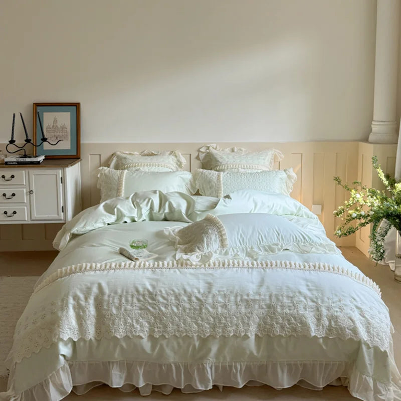 Cyflymder  4Pcs Pink  Lace Ruffles Sweet Girl Bedding Set Pure Cotton Queen King Size Duvet Cover Bed Sheet Or Quilted Bedspread Pillowcase