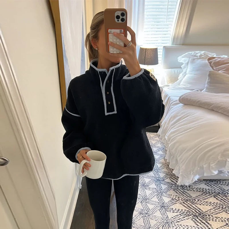 Cyflymder  Lamb Fleece Women's Coat Stand Collar Full Sleeve Pockets Loose Female Pullover 2025 Autumn Commute Sport Fashion Lady Pullovers