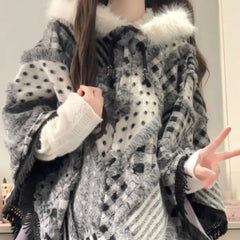 Cyflymder  Vintage Elegant Lolita Style Plush Hooded Cloak Women Sweet Black White Plaid Tassel Shawl Japanese Thicken Warm Ponchos Coats