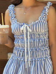 Cyflymder  Elegant Striped Sleeveless Dress with Flattering Tie-up Bow Detail and Chic Frill Trim - Women s Scoop Neck A-line Ruffle Mini