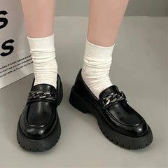 Cyflymder Chunky Heel Platform Metal Chain loafers Women Pumps Black round toe small leather shoes Female Casual Retro JK Uniform shoes