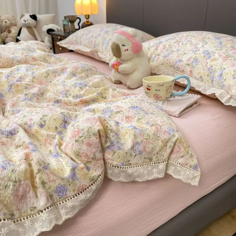 Cyflymder  INS French Lace Trim Bowknot Double Layer Gauze Quilt Cover Four-Piece Set Simple Bed Sheet Fitted Sheet Dormitory Three-Piece