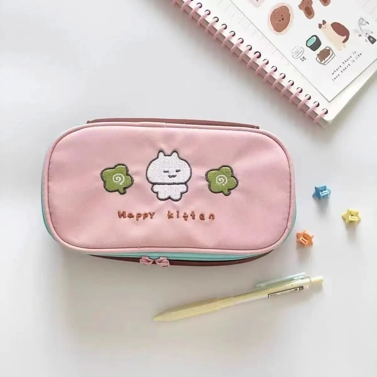 Cyflymder  Cute Cartoon Embroidery Pencil Case for Kids Boy Girl Kawaii Clover Kitten Stationery Organizer Portable Large Capacity Pen Bag