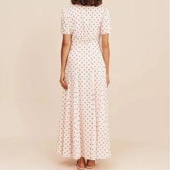 Cyflymder  Elegant Polka Dot Printed Bohemian Women Long Dress Fashion Hight Wasit Party Dress V-neck Short Sleeve Seaside Vacation Dress