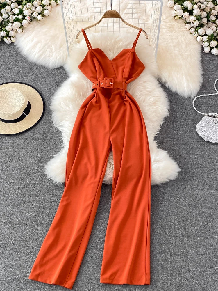 Cyflymder Summer Sexy Women Romper Female Red/Orange/Black Sleeveless High Waist V-Neck Wide Leg Playsuit With Sashes New Fashion Jumpsuit