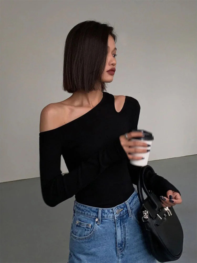 Fashion Skew Collar Off-shoulder Long-sleeved T-shirts Women Spring New Solid Slim Fit Crop Top Sexy Hollow Out Tees Shirts Cyflymder