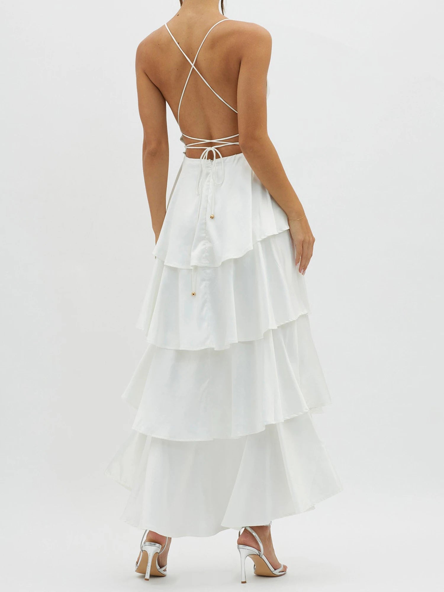 Cyflymder  Elegant Lace Sleeveless V-neck Backless Maxi Dress with Ruffled Hemline for Wedding Guest or Formal Event