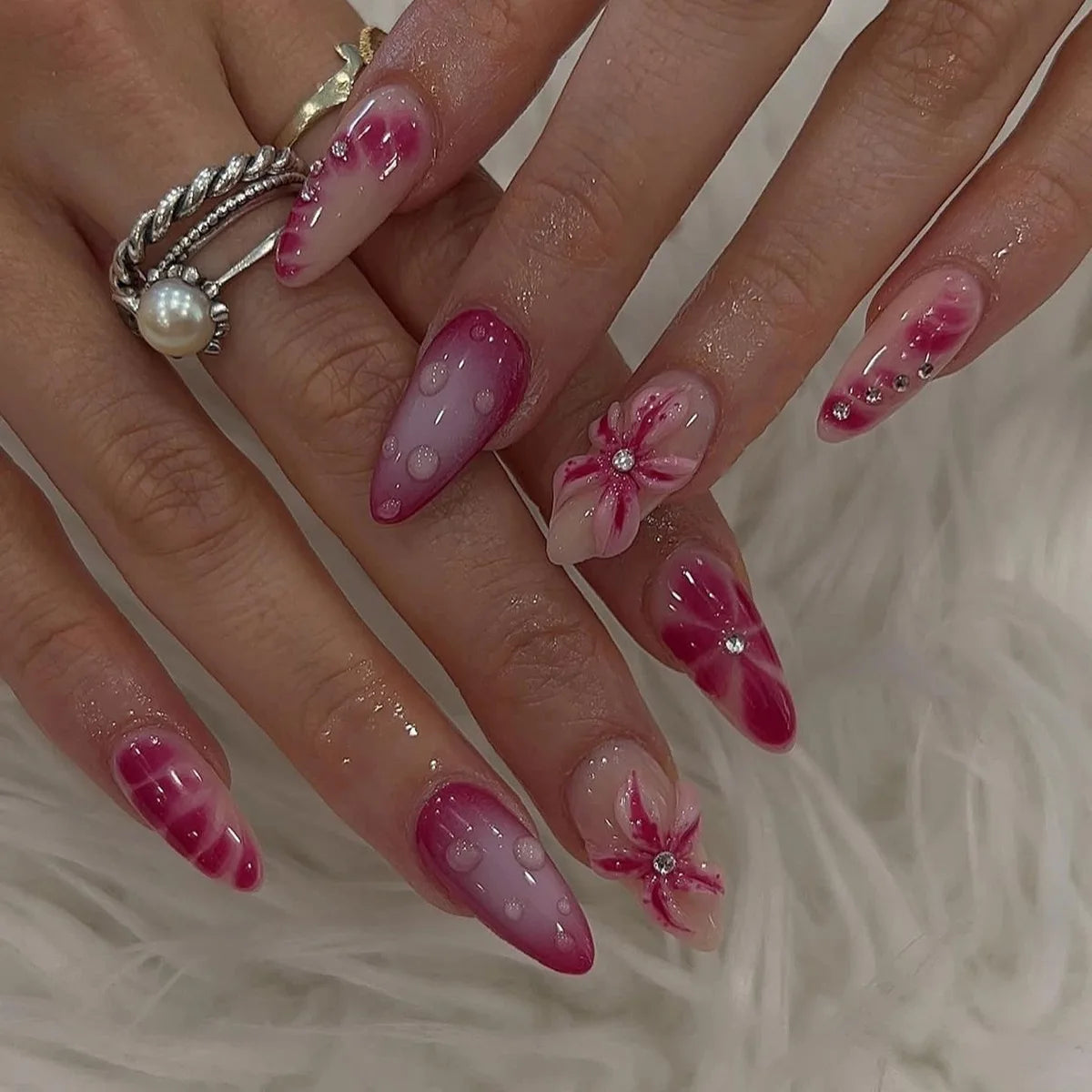 Cyflymder  24pcs French Cute Fake Nail Sweet Pink 3D Flowers Bowknot Design Almond False Nail Patch Korean Style Press on Nails for Girls