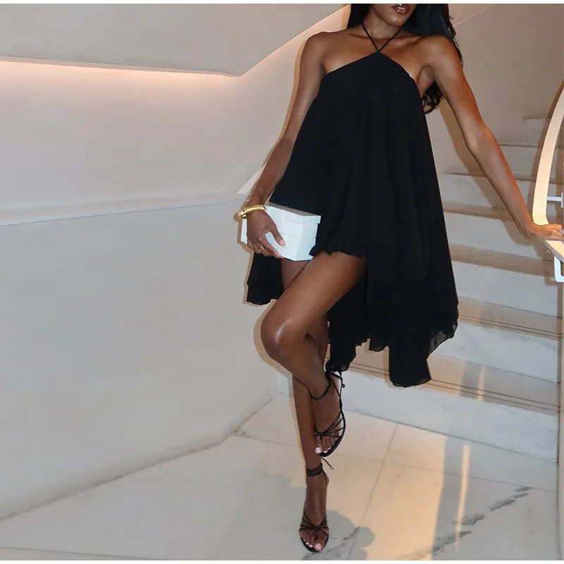 Cyflymder  Halter Pleated Backless Irregular Mini Dress Women Off Shoulder Sexy Big Swing A-line Holiday Dresses 2025 Summer Party Robe