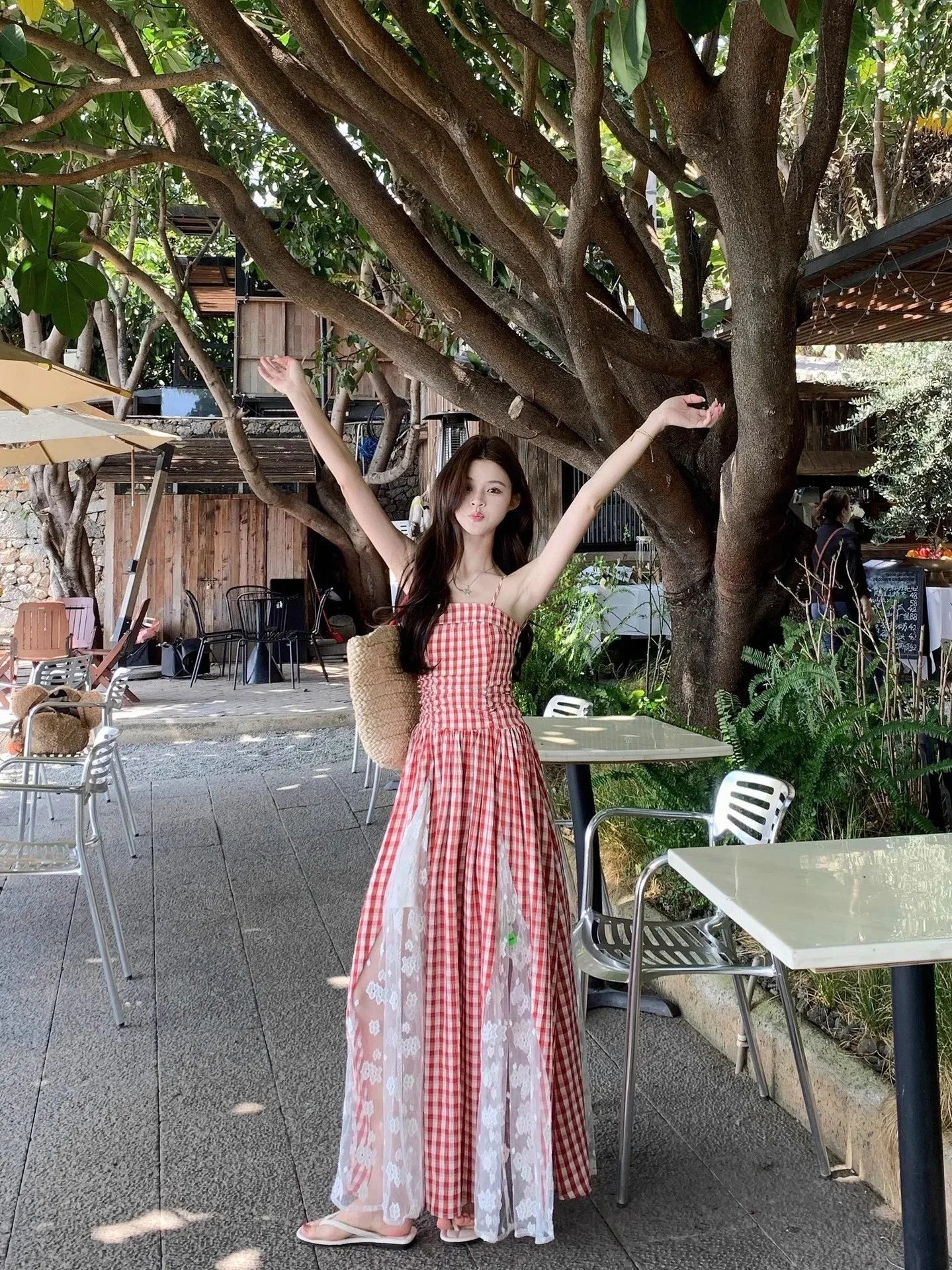 Cyflymder  Korean Style Blue Plaid Lace Halter Dress Women Summer 2025 Sweet Beach Vacation Maxi Skirt Long Dress One Shoulder Sleeveless