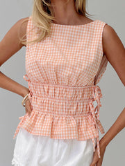 Cyflymder  Stylish Women s Plaid Tank Top with Round Neck and Sleeveless Design Featuring Side Tie Ruffle Detail for a Trendy Summer Look