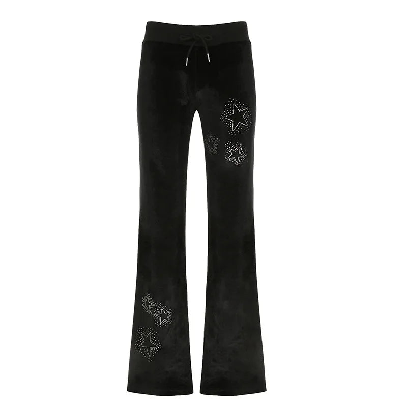 Cyflymder  Euramerican Spice Woemn Star Hot Diamond Print Casual Pants Y2k Spliced Low Waist Drawstring Trousers Harajuku Velvet Flare Pant