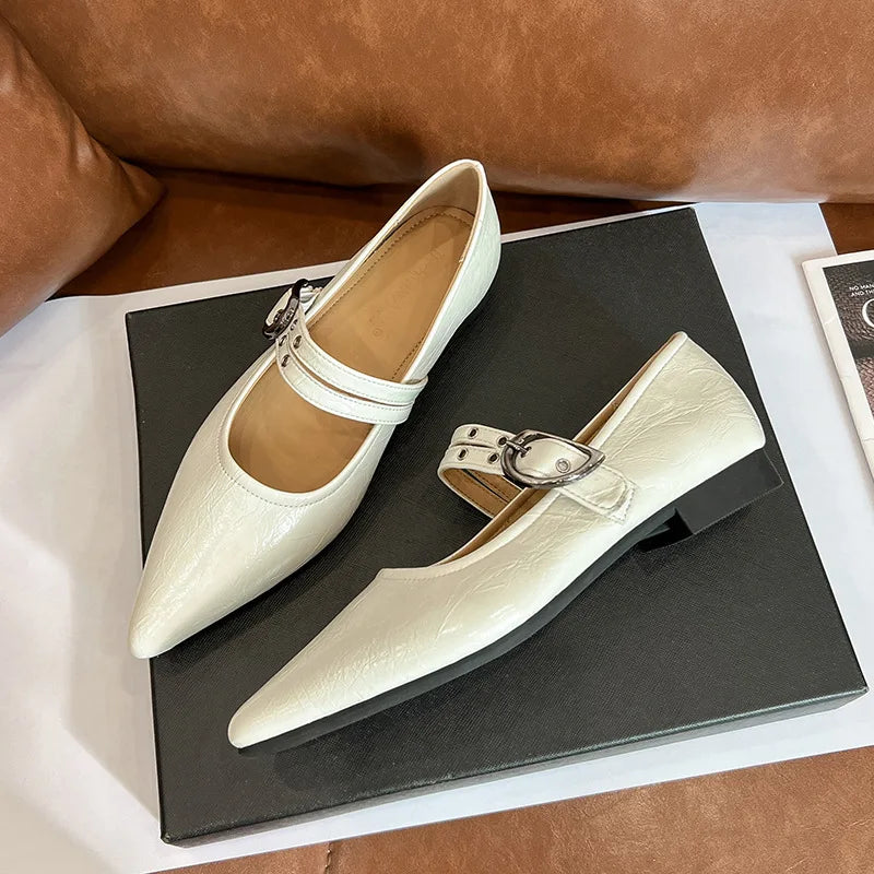 Cyflymder  Pointed French Retro Low Heel Flat Heel Mary Jane Shoes for Women Spring New Style One Straw Style Single Shoes for Women
